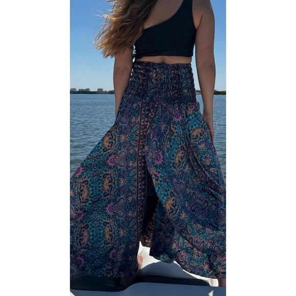Maxi Pants Wide Leg High Waisted blue leaves blue w pink - Picture 3 of 3